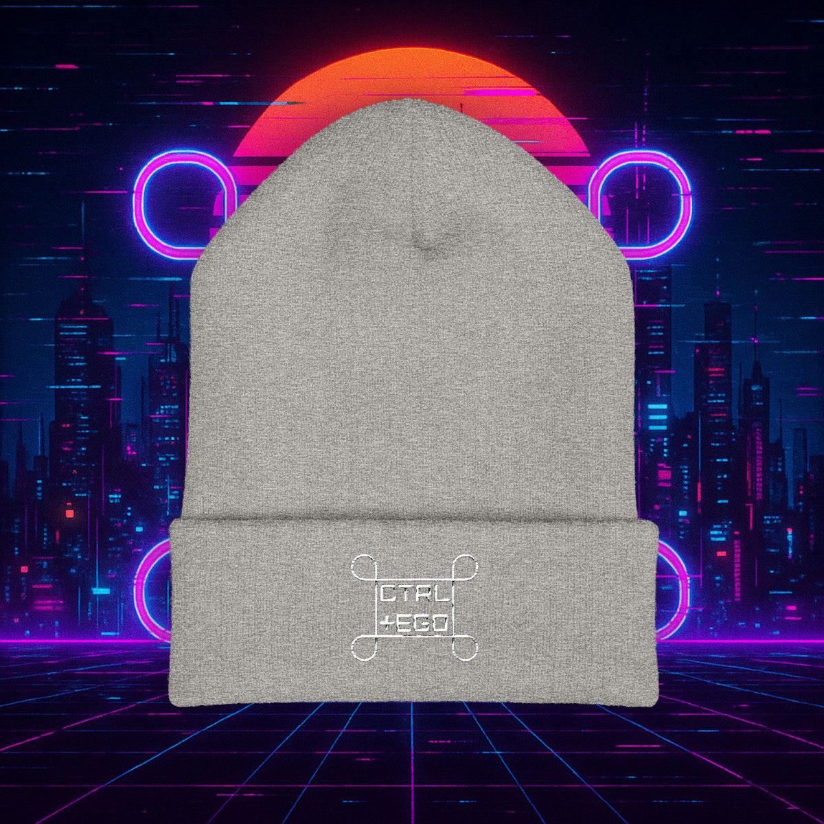 CTRL + EGO White Embroidered Cuffed Beanie