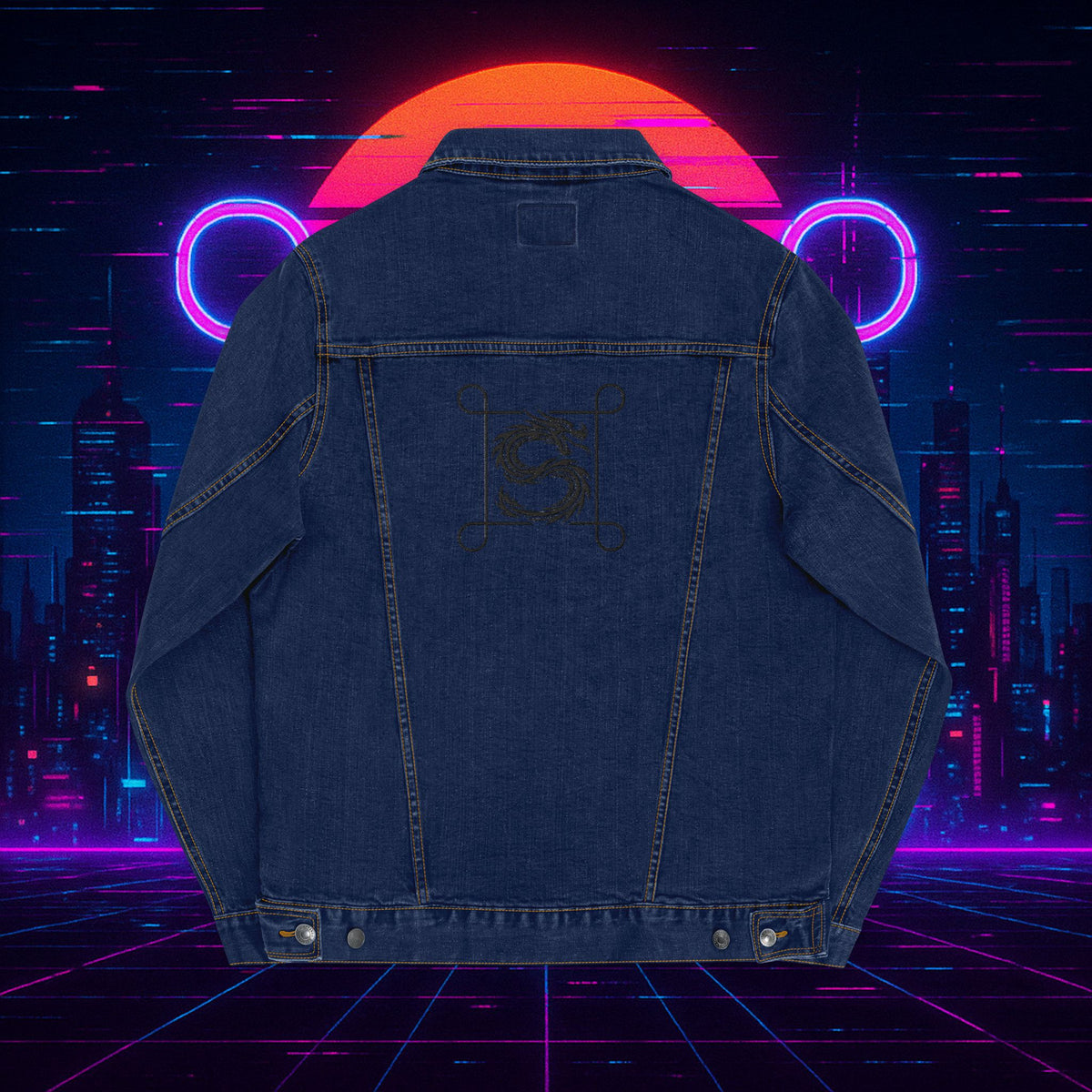 Black Embroidered Street Dragon Unisex Denim Jacket
