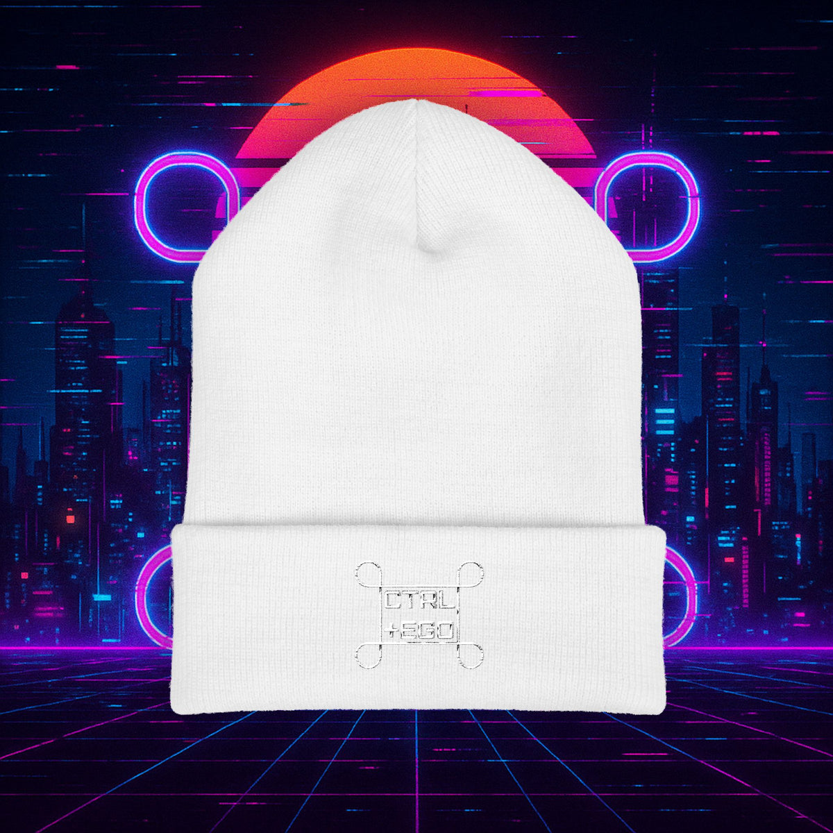 CTRL + EGO White Embroidered Cuffed Beanie