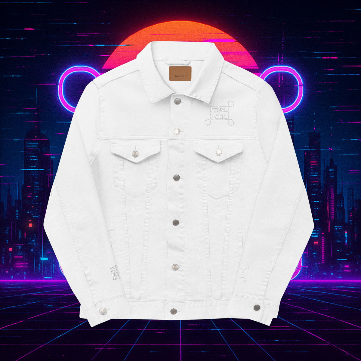 White Embroidered Street Dragon Unisex Denim Jacket